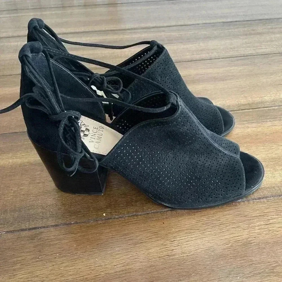 VINCE CAMUTO VC VASHA BLACK NUBUCK SANDAL PUMP HIGH HEEL Size 8M Lace Up - Picture 5 of 10